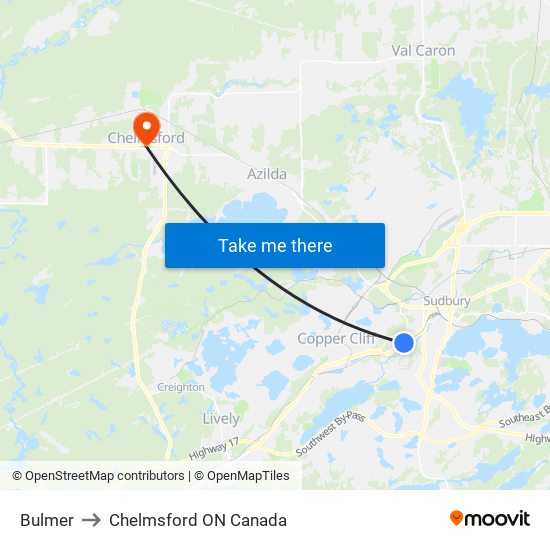 Bulmer to Chelmsford ON Canada map