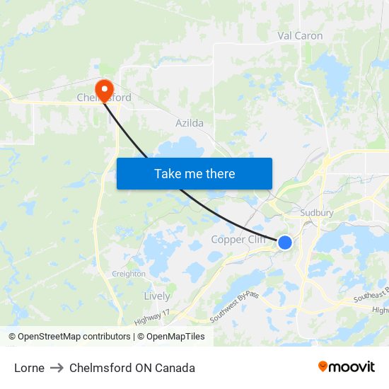 Lorne to Chelmsford ON Canada map