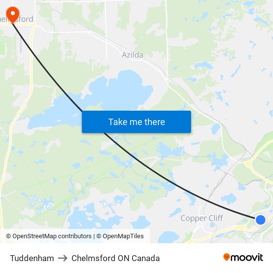 Tuddenham to Chelmsford ON Canada map