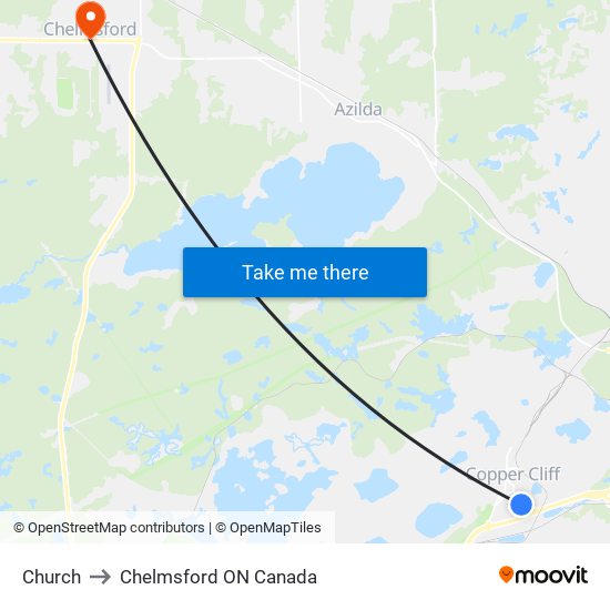 Church to Chelmsford ON Canada map