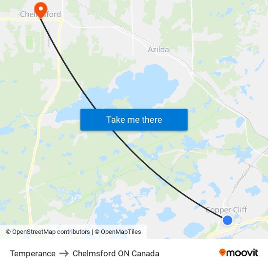 Temperance to Chelmsford ON Canada map