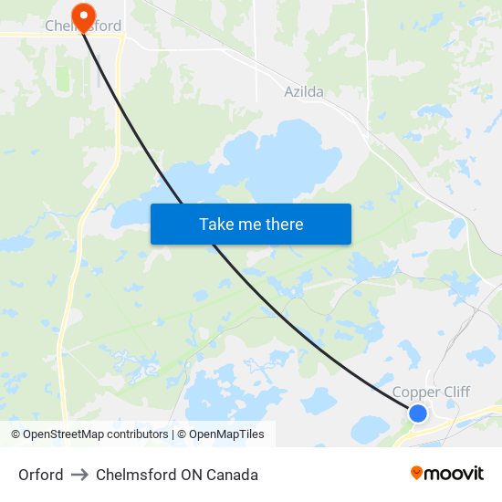 Orford to Chelmsford ON Canada map