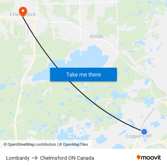 Lombardy to Chelmsford ON Canada map