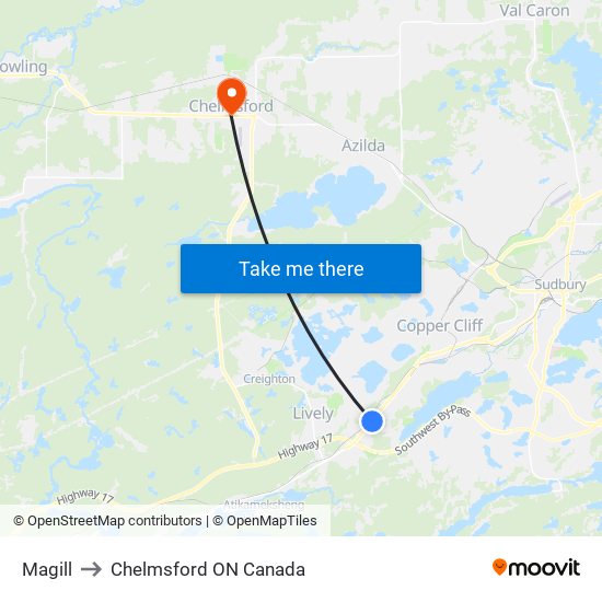 Magill to Chelmsford ON Canada map