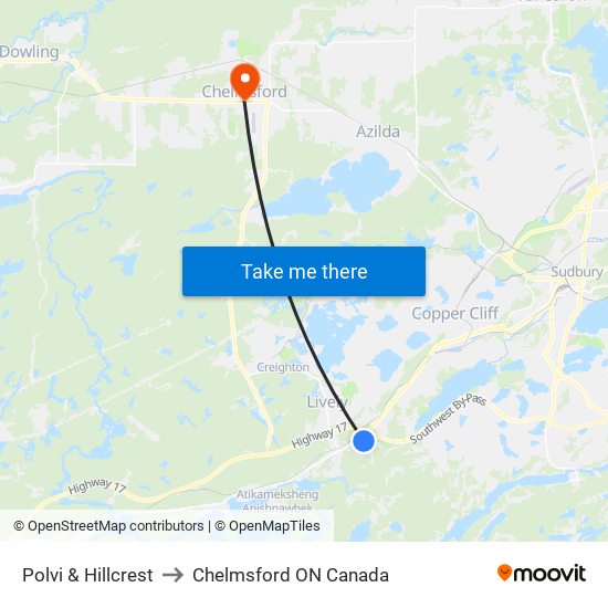 Polvi & Hillcrest to Chelmsford ON Canada map