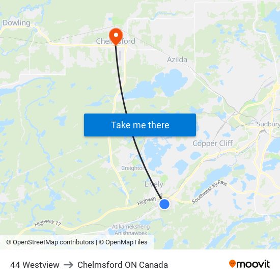 44 Westview to Chelmsford ON Canada map