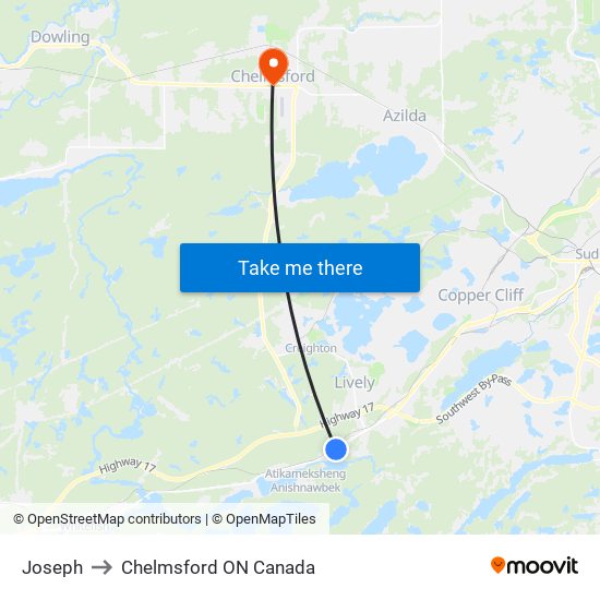 Joseph to Chelmsford ON Canada map