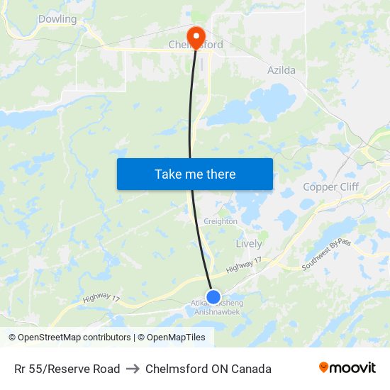 Rr 55/Reserve Road to Chelmsford ON Canada map