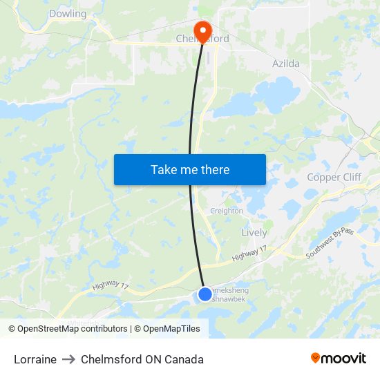 Lorraine to Chelmsford ON Canada map