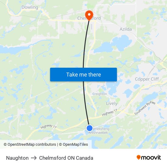 Naughton to Chelmsford ON Canada map