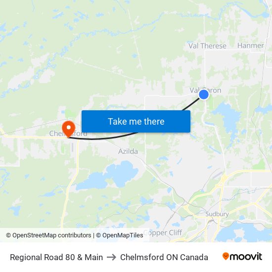 Regional Road 80 & Main to Chelmsford ON Canada map