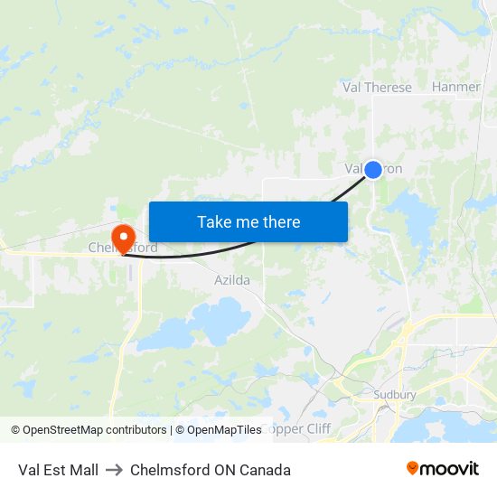 Val Est Mall to Chelmsford ON Canada map