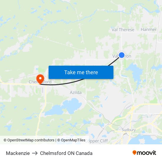 Mackenzie to Chelmsford ON Canada map