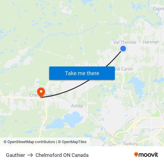 Gauthier to Chelmsford ON Canada map