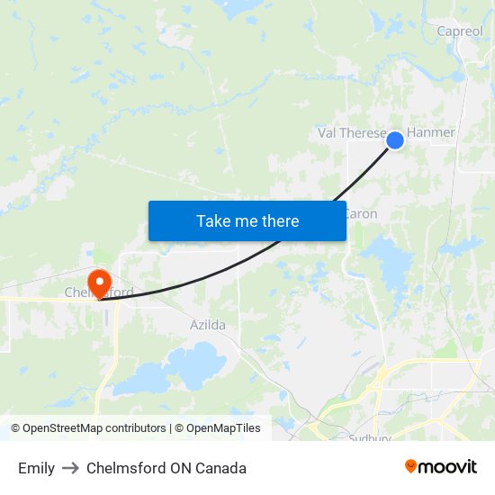 Emily to Chelmsford ON Canada map