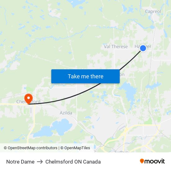 Notre Dame to Chelmsford ON Canada map