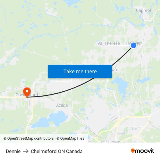 Dennie to Chelmsford ON Canada map