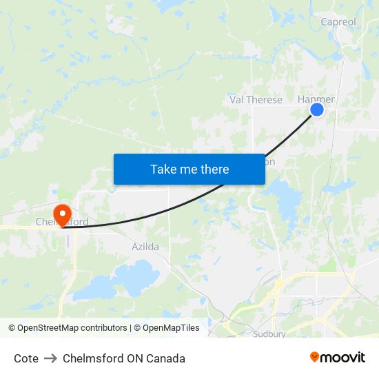 Cote to Chelmsford ON Canada map