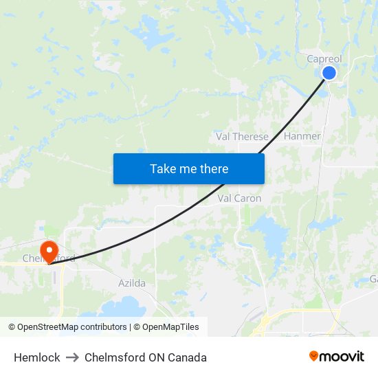 Hemlock to Chelmsford ON Canada map