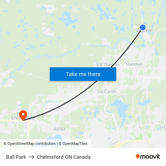 Ball Park to Chelmsford ON Canada map