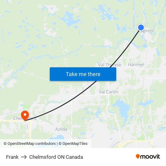 Frank to Chelmsford ON Canada map