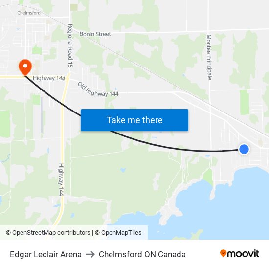 Edgar Leclair Arena to Chelmsford ON Canada map