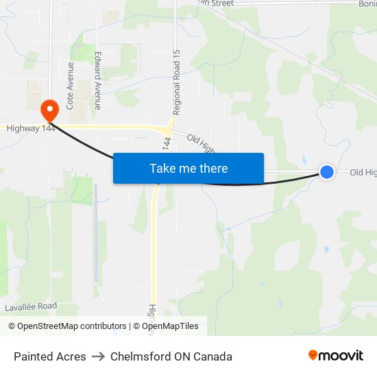 Painted Acres to Chelmsford ON Canada map