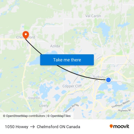 1050 Howey to Chelmsford ON Canada map