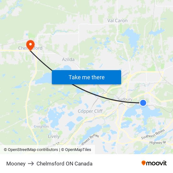 Mooney to Chelmsford ON Canada map