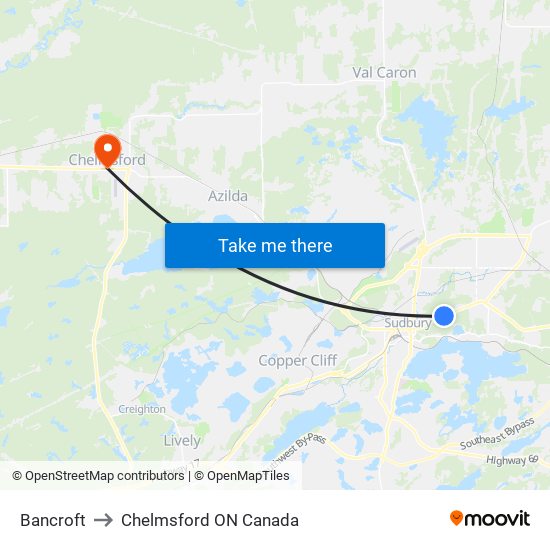 Bancroft to Chelmsford ON Canada map