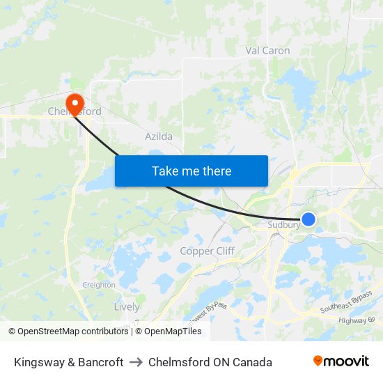 Kingsway & Bancroft to Chelmsford ON Canada map