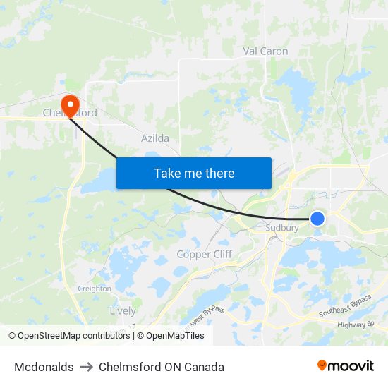 Mcdonalds to Chelmsford ON Canada map