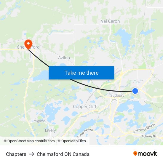 Chapters to Chelmsford ON Canada map