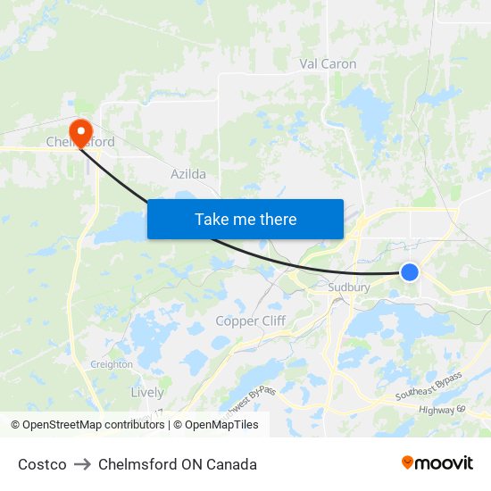 Costco to Chelmsford ON Canada map