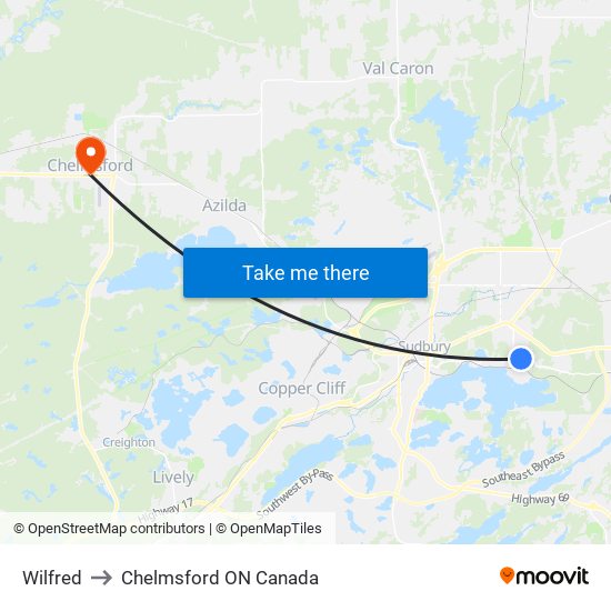 Wilfred to Chelmsford ON Canada map