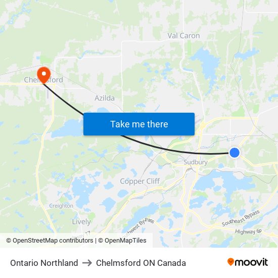 Ontario Northland to Chelmsford ON Canada map