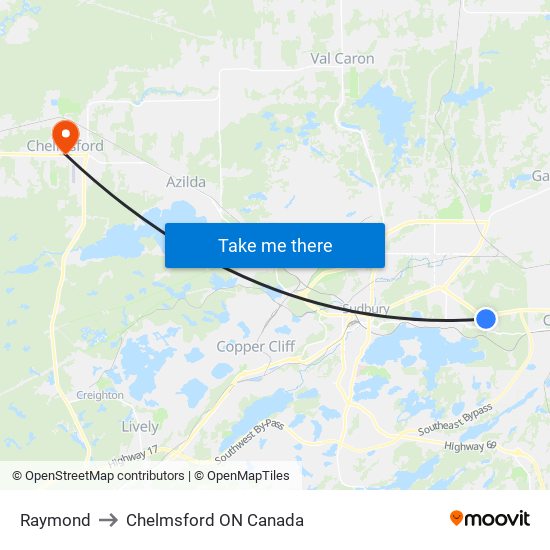 Raymond to Chelmsford ON Canada map