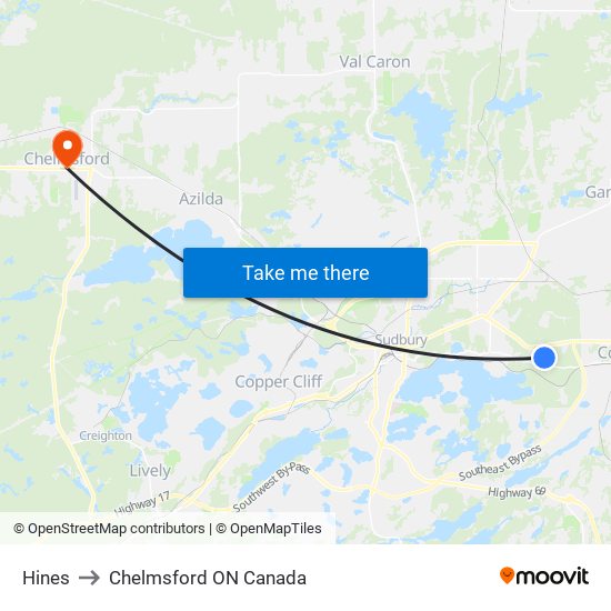 Hines to Chelmsford ON Canada map