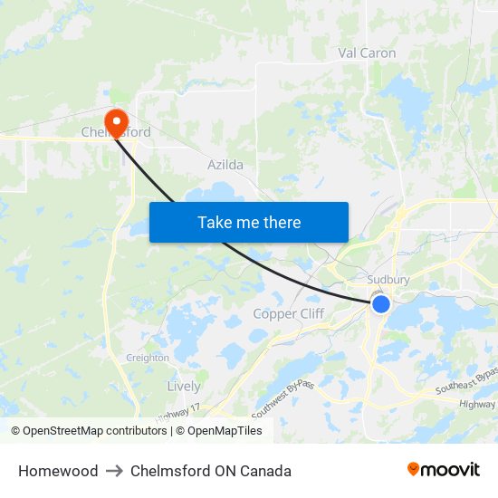 Homewood to Chelmsford ON Canada map