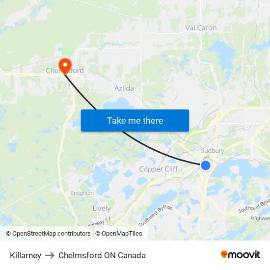 Killarney to Chelmsford ON Canada map