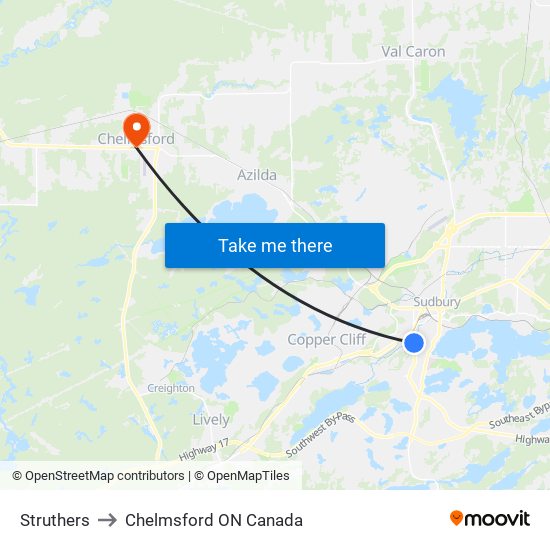 Struthers to Chelmsford ON Canada map