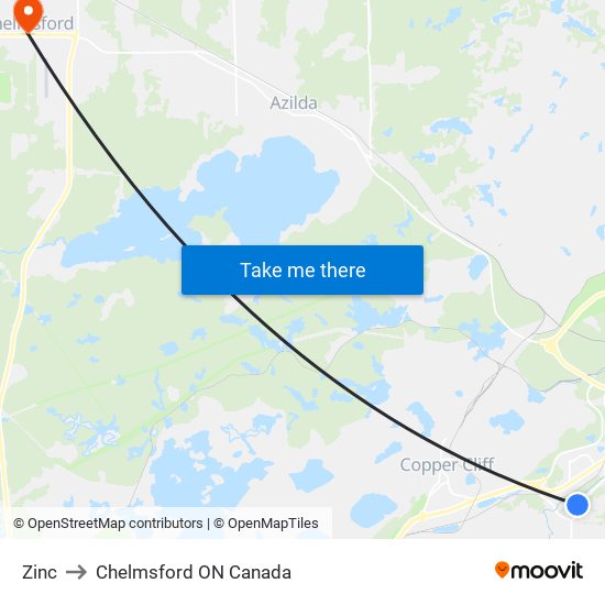 Zinc to Chelmsford ON Canada map