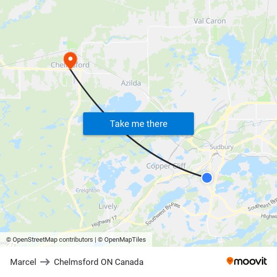 Marcel to Chelmsford ON Canada map