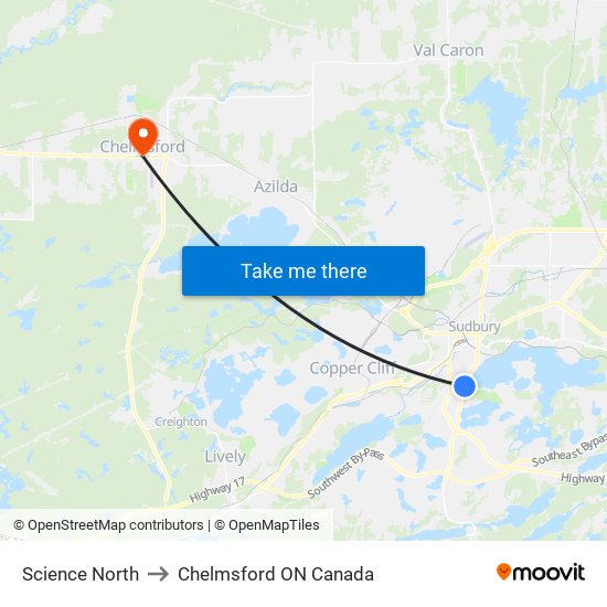 Science North to Chelmsford ON Canada map