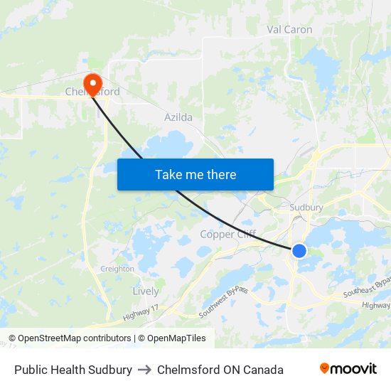 Public Health Sudbury to Chelmsford ON Canada map