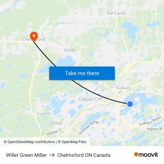 Willet Green Miller to Chelmsford ON Canada map