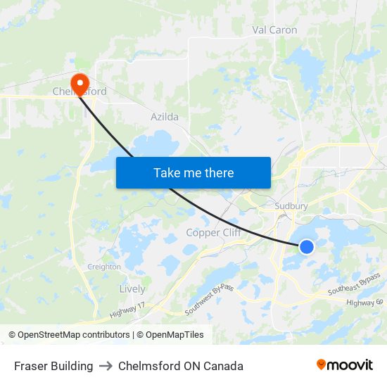 Fraser Building to Chelmsford ON Canada map