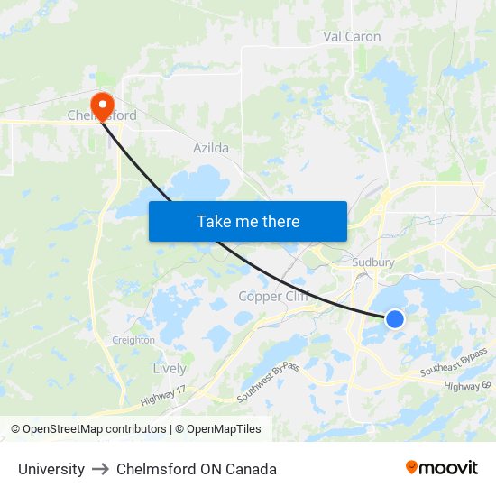 University to Chelmsford ON Canada map