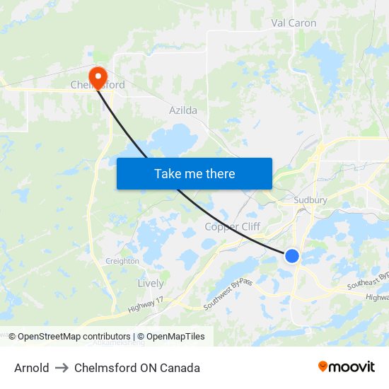 Arnold to Chelmsford ON Canada map