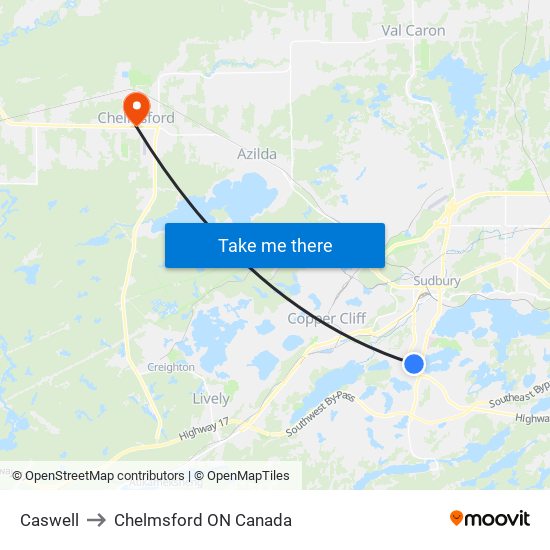 Caswell to Chelmsford ON Canada map